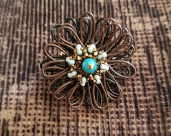 Zinnia Brooch - teal & chocolate