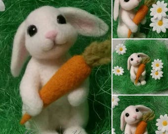 Needle Felted white Bunny with carrot, white rabbit, bunny , wool
