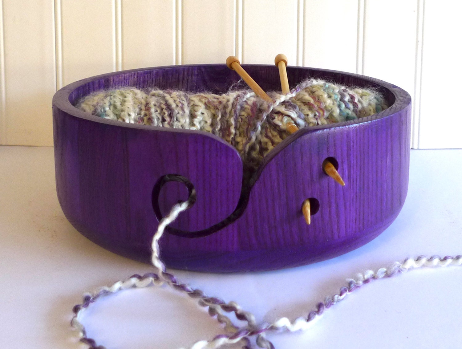 PURPLE Wooden Yarn Bowl For Knitting and Crocheting Large