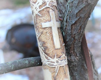 Hand carved walking stick with "Crown of Thorns and Cross", a GT Originals design.