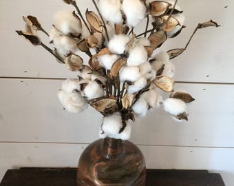 Cotton arrangement, copper vase, copper decanter, cotton stems, rustic arrangement, farmhouse decor, farmhouse arrangement, vintage decor