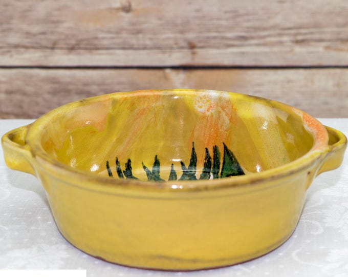 Primitive Redware Hand Painted Folk Art Green Onion Pottery Bowl