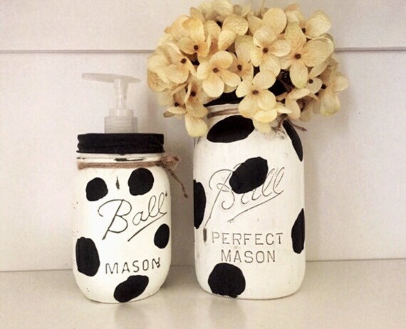 Cow Mason Jar Kitchen Set. Rustic Soap Dispenser. Hand Painted