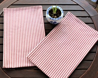 Tea Towels, Set of 2, Red Ticking Towels, Kitchen Towels, Dish Towels, Cotton Towels