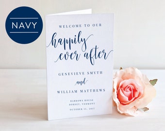 NAVY-Folded Wedding Program- Instant Download Printable- Editable PDF-DIY Template-Calligraphy Template-Printable Wedding Program-#SN022_FP