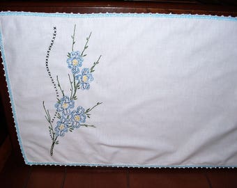 TWO) Dining Room Table Runner. Dresser Scarf. Embroidered. Blues.