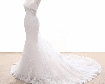 Wedding Dress/Lace Mermaid Long Train Backless Bridal Dress/Mermaid Wedding Dress
