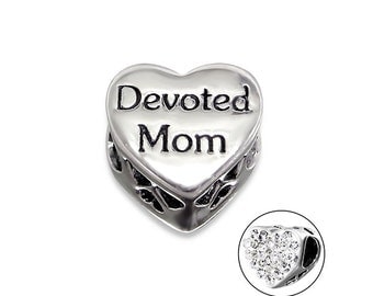 Devoted Mom CZ Heart Charm Bead, 925 Sterling Silver, fits Pandora Bracelets