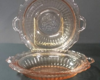 Pink depression glass bowls. One round one oblong. "May Fair Open Rose".