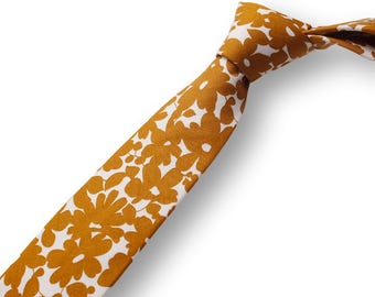 Men's necktie, Skinny Necktie, Gold Floral necktie, Gold Floral Skinny Tie, Skinny Men's Ties, Skinny tie, Cotton Skinny Tie