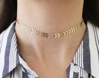 Gold Chevron Choker Necklace, Gold Choker, Fishbone Tattoo Choker
