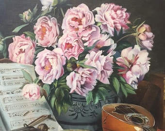 Exquisite Vtg French GICLEE ART PRINT Peonies Music Instruments & Book Late Frame Stamped Copie 4/92 Limited Edition