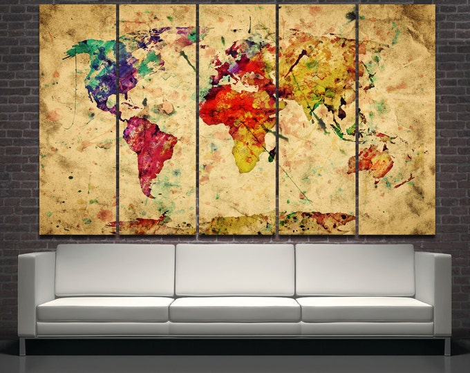 Large Colorful Vintage Watercolor Motley World Map Canvas Set of 1,2,3,4 or 5 Panels World map Canvas Wall Art for Home & Office Decoration