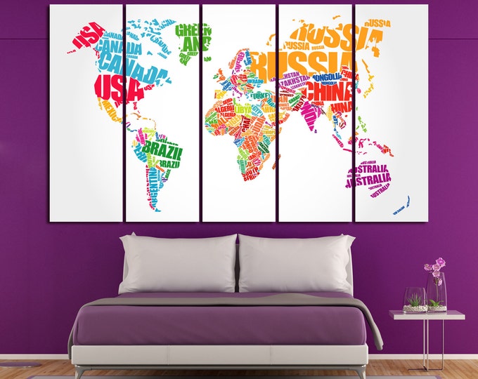 Large colorful text world map multipanel print, colorful typography map of the world canvas wall art, typographic text world map, text map