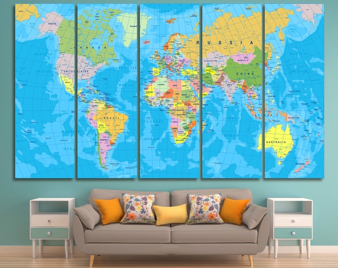 Colorful World Political Map Canvas Print, Labeled World Map, Large detailed map of the world, map wall art, detailed world map with borders