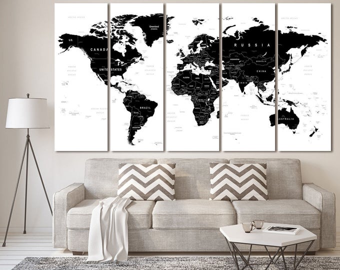 Black world map wall art with countries names canvas print, large black and white home decor world map canvas print set, modern world map