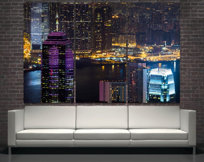 Hong Kong aerial skyline canvas print, Hong Kong Skyline Panorama print set 3 panel, Night city wall art, hong kong art