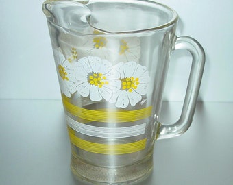Vintage Glass Pitcher With Ice Lip, White Flowers Yellow Stripes, Retro Kitchen, Beverages