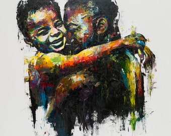 signed extra extra large oil painting on canvas,wall art decor,decorative,portrait,Art & Collectibles,father and son,family,love Shai Yossef
