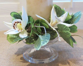 Spring candle ring with orchids and green leaves. Spring sale price!