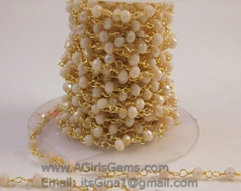 22 k Gold plated Cream Ivory Rosary Chain Wholesale 4 mm Chains for Jewelry Making Cream Ivory glass Rosary Roll Bulk Shipped from USA