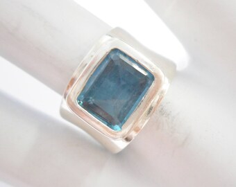 Blue Topaz Ring, Sterling Band Ring, Emerald Cut Topaz, Vintage Sterling Silver 3.4 Carat Emerald Cut Blue Topaz Ring Sz 7.5 #3029