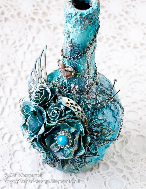 Home decor Altered bottle Teal vase Altered Vase