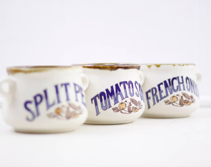 Vintage soup bowls, made in Japan in the 1970s - 3 available; French onion, Tomato soup, split pea, stoneware soup crocks, soup mugs