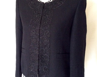 VTG Creative Creations Women's Black Silk Beaded Sequin Cropped Jacket M
