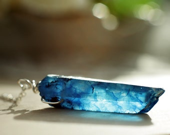 Sterling silver dark blue crystal pendant | Wire wrapped blue quartz necklace | Sapphire blue crystal necklace | Cobalt blue unisex necklace
