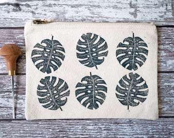 Zipper Pouch, Monstera Print Make Up Bag, Hand Printed Cosmetic Bag, Zipped Pouch, Travel Pouch, Canvas Pouch, Pencil Case, Girlfriend Gift