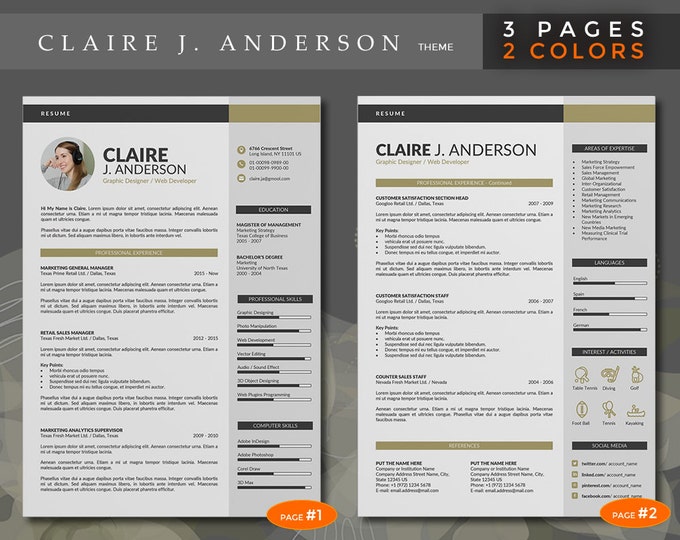 Resume Template / CV Template Bundle. 3 in 1 Creative Word Resume Design with Cover Letter, 3 Pages Modern CV Template
