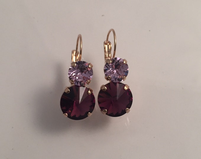Amethyst purple Swarovski Crystal glamorous rose gold lever back drop dangle earrings. Wedding, bridesmaids gift. More is more