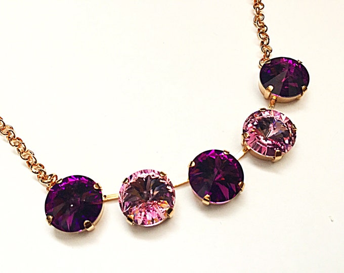 Glamorous light purple dark purple amethyst colored five stone 14mm large stone Swarovski crystal Rivolli necklace