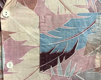 Vintage 80s Malihini Hawaii Big Leaves Reversed Print Hawaiian Button Shirt Size XL Aloha Beach Summer Rockabilly Boho
