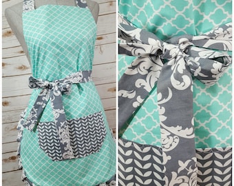 Adult Apron | Womens Apron | Teal with Gray Pattern Waist Bow Tie and Pocket, Ruffle Bottom