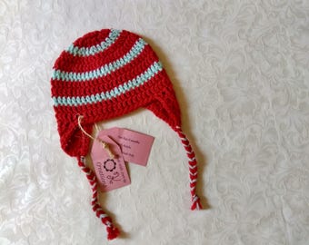 Red and light teal hand-crocheted baby earflap hat