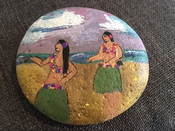 Hula Hawaiian Girls Painted Rock Stone Art