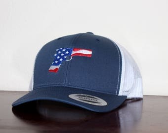 Unisex Custom Trucker Hat with a Patriotic American Themed Gun Design