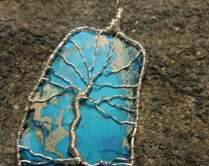 Blue Tree of Life Aqua Terra Sea Jasper Wire Wrap Pendant Boho Hippie Nature Mens or Ladies Jewelry Valentines Day Gift for Him or Her