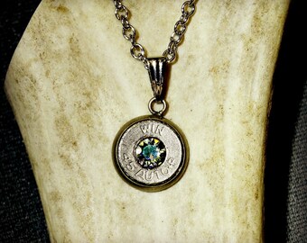 Fired Cartridge Necklace, Bullet Jewelry, Birthstone Jewelry, Personalized, Crystal Jewelry, Recycled Brass, Gift for Shooters, Gift for Her