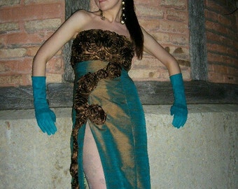 Dress couture strapless evening seductive and luxurious silk with flowers