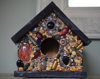 Mosaic Rock & Jewel Birdhouse Black Silver Salamander Bloodstone Bullets Goth Bird House