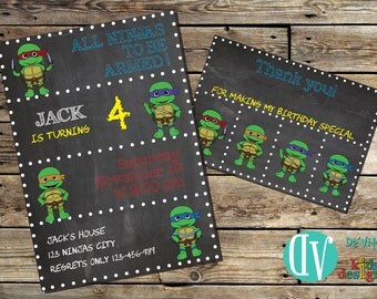 Ninja Turtles Birthday Invitation Printable 5x7 or 4x6 and FREE Thank You Card Printable 5x3.5