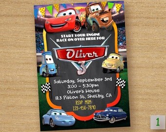 Cars Birthday Invitation, Disney Cars Party Invite, Cars Lightening McQueen Digital Printable, Cars Chalkboard Custom Invitation