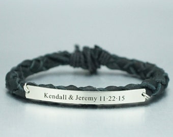Name Bar Bracelet, Anniversary Gift for Men, Custom Date Bracelet, Engraved Bracelet, Black Leather Braided Bracelet, Valentines Day Gift
