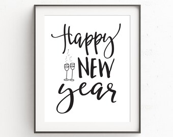 Happy New Year Printable, New Years Eve Decor, Monochrome Wall Art, New Years Eve Prints, Instant Download, Modern Digital Art