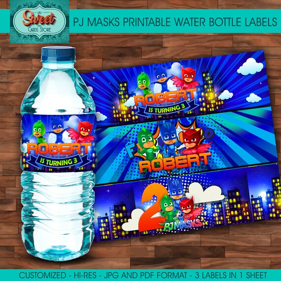 Pj masks digital water bottle label pj masks personalized pj