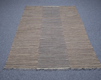 5.8' x 8.1' Turkish Kilim hand made area oriental rug, oriental, shade of alternate dark brown & white colors