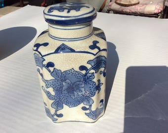 Vintage Oriental Blue White Lidded Jar